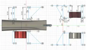Dimensioned top-view sketch of the car body in Fusion 360
