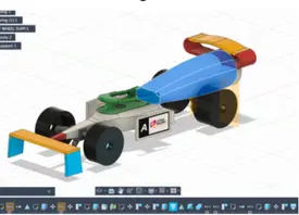 Fusion 360 render of the car with blue body, orange wings and black wheels
