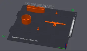 Bambu Studio print plate with orange wing and suspension parts