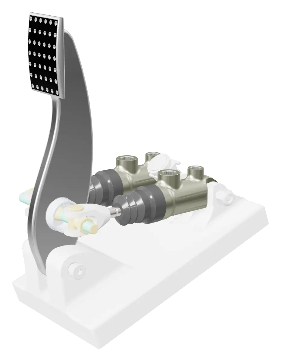 Render of the brake pedal assembly: aluminum pedal arm, twin Tilton master cylinders and balance bar on a base plate