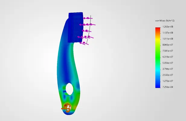 Von Mises stress plot of the pedal arm under a 2 kN load at the pad